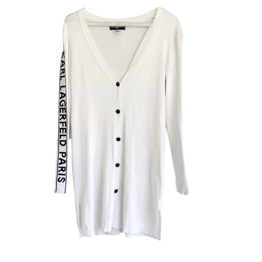 Karl Lagerfeld Paris Long Cardigan Ribbed White/Black Sweater Side Arm Logo XS - Picture 5 of 8